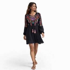 Sundance Folk Embroidered Long Sleeve Dress |Floral Boho Peasant | Women's XS